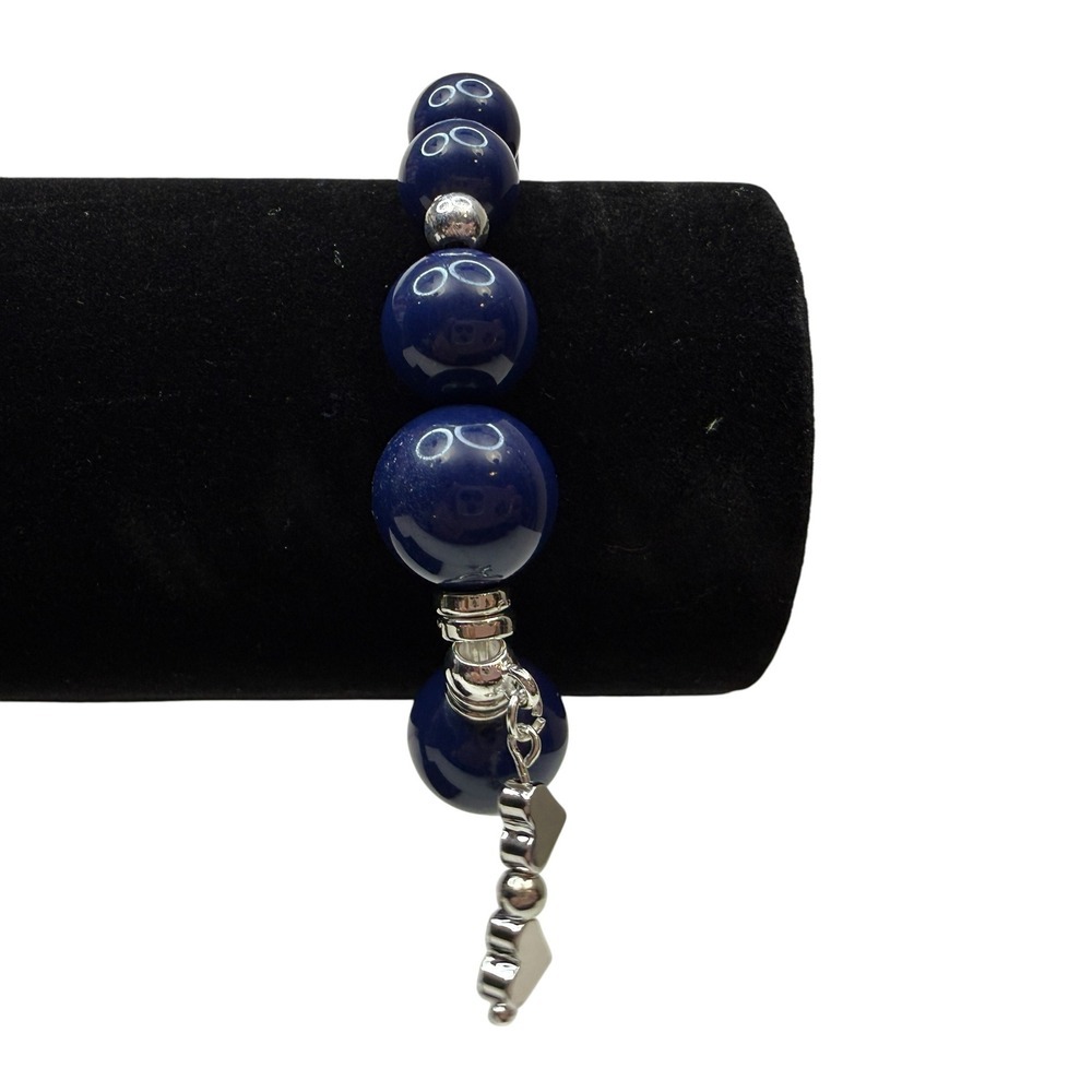 Navy Blue Acrylic Beaded Silver Heart Charm Bracelet Silver tone Accents Stretch